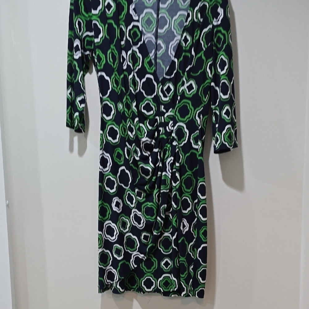 Green and White Midi Wrap Dress with Ruffled Tie Front